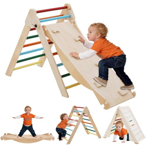 Forroby 5-in-1 Montessori Kletterdreieck, Klettergerüst Indoor mit Rutsche, Kletterleiter und Zeltdach, Wippe, Faltbares Holz Klettern Spielzeug Indoor Outdoor Set, Indoor Spielplatz 1-5 Jahre