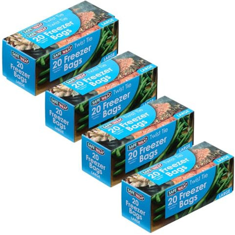 Safe Wrap 20 Large Freezer Bag - pack contains 4 rolls, 20 bags in each roll, 80 bags total. Ideal for storing meat, fish, vegetables size 305mm x 430mm.