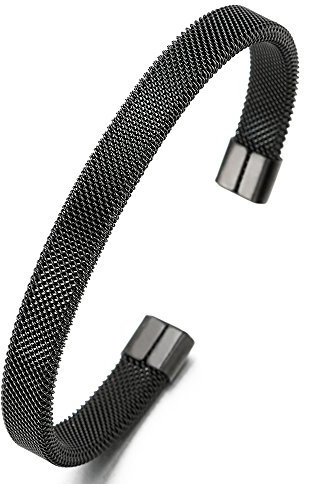 COOLSTEELANDBEYOND élastique Réglable - Bracelet Noir Maille Manchette Câble Acier Inoxydable pour Hommes et Femmes