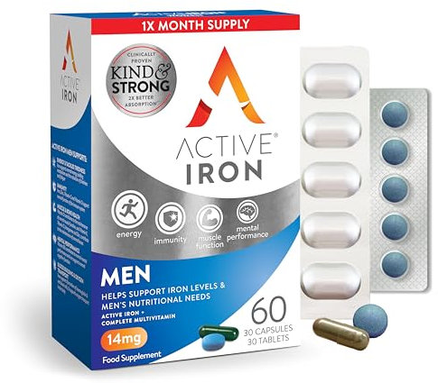Active Iron Men's Supplement, 30 Iron Capsules & 30 Multivitamin Tablets, with Zinc, Vitamin C, D and High Dose B Vitamins, 60 Capsules, 1 Month Supply