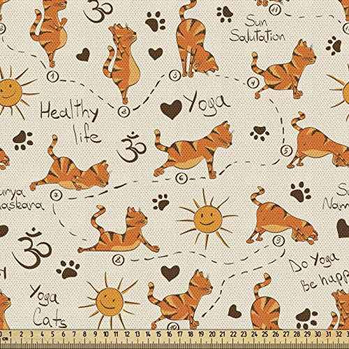 ABAKUHAUS Katze Gewebe als Meterware, Kätzchen, die Yoga-Tatzen tun, Dicht Gewebter Stoff zum Nähen Polster Wohnaccessoires, 3M (148x300cm), Orange Braun Creme