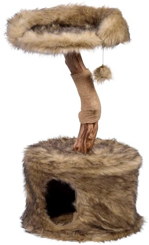dobar® 35288FSCe Design Kratzbaum Ruby - Katzen-Kratzbaum aus Naturholz - Katzenmöbel mit Spielball - Katzenhöhle mit Plüsch und Liegefläche - Krallenpflege mit Jute - Ø 45 x 78-88 cm - Braun