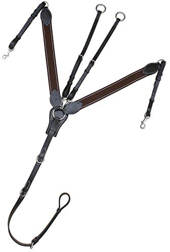 Exion Gepolstertes Drei-Punkt-Pferd-Brustzeug aus Leder mit Laufbefestigung, Braun, Schwarz, elastisches Vorderzeug aus englischem Leder