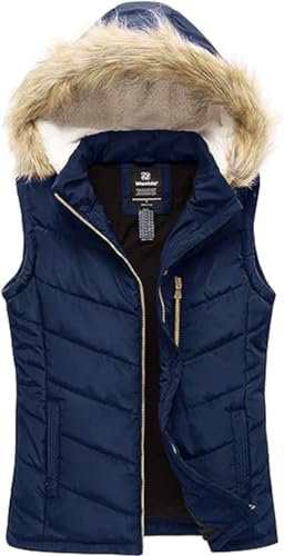 Wantdo Women's Body Warmer Gilets with Removable hood Spring Outdoor Gilets Windproof Sleeveless Vest Water Resistant Gilets Dark Blue M