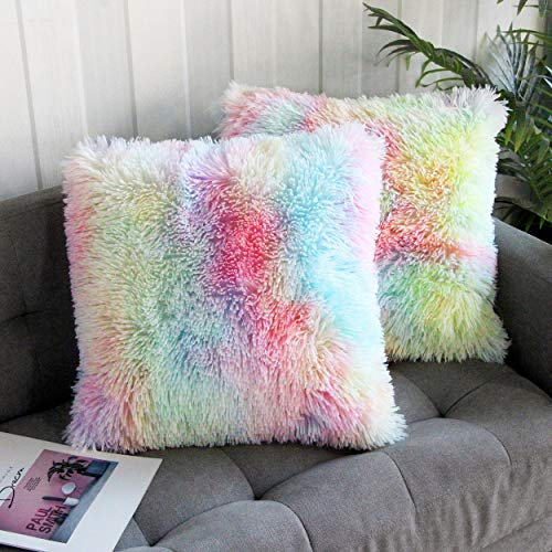 Uhomy Farbenfroher Plüsch-Kissenbezug, 50,8 x 50,8 cm, für Herbst und Winter, dekorativ, luxuriös, flauschig, superweich, Kunstfell, für Sofa, Bett, Stuhl, Einhorn, bunt, 50 x 50 cm, 2 Packungen