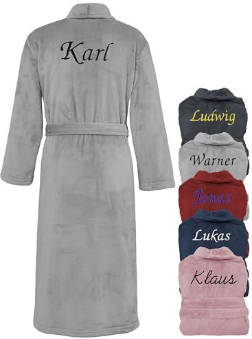 KDO MAGIC - Bademantel personalisiert herren - Morgenmantel mit einer Stickerei - Gestickter Vorname - Geschenkidee für den Vatertag, Weihnachten (Grau, M)