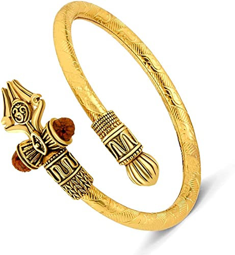 Rudraksha Shiv Om Trishul Damroo Kada für Männer, Lord Shiva Bahubali Armreif für Männer, Jungen | Religiöses Messing Kada | Freie Größe (GOLDEN) | Armband für Maha Shivratri…