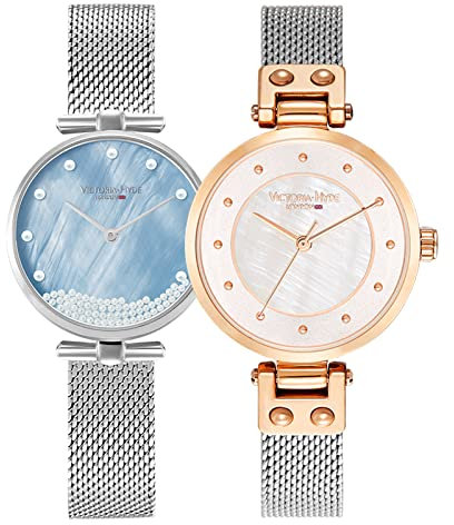VICTORIA HYDE Damen Armbanduhr Set wasserdichte Rosegold Edelstahlband Quarz Damenuhren für Schwestern Freund (Silber)