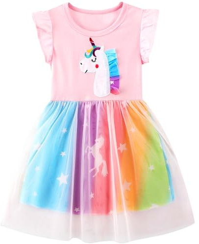 FILOWA Robe Fille Coton Tulle Licorne Paillette Broderie Imprimée Animale Fleur Rayure Robes Princesse Party Mignon Ete Manche Courte T-Shirt Robes Enfant 2-7 Ans