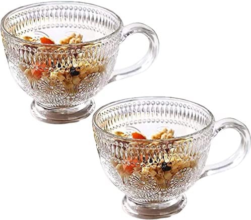 KKGUD Taza de té de cristal de girasol en relieve vintage, taza de café de 14 onzas, cuenco de yogur, 2 juegos