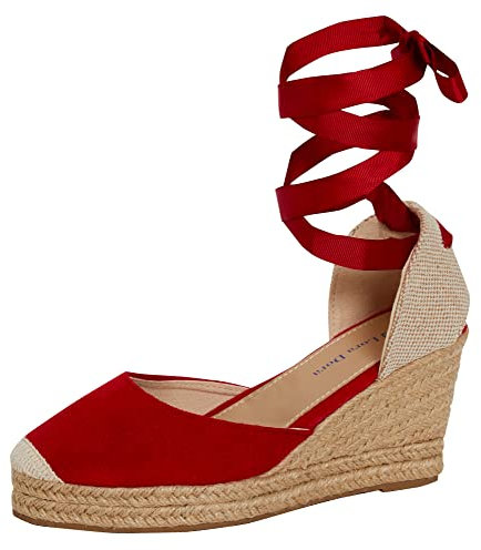 Lora Dora Donne Espadrille Zeppa Sandali Donne Strappy Zeppa in Iuta Scarpe Estive Cinturini alla Caviglia, Rosso, 36 EU