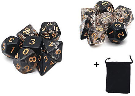 Fasizi Set di dadi poliedrici trasparenti per giochi da tavolo, 2 set di dadi 2 x 7 (14 pezzi) serie D20 D12 D10 D8 D6 D4 DND dadi DND RPG MTG doppi colori un pezzo (nero)