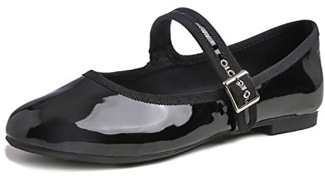 Feversole Women's Soft Breathable Mary Jane Memory Foam Cushioned Comfort Round Toe Metal Buckle Flats Walking Shoes Black Patent Size UK 3.5