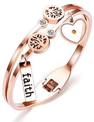 Uloveido Y1029 Bracelet jonc en acier inoxydable plaqué or rose avec arbre de vie et graines de moutarde pour femmes et filles, 5.5 inch, Acier inoxydable, Pas de gemme