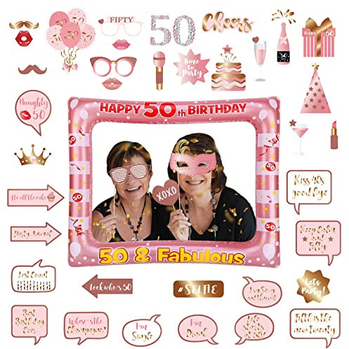 40Pcs Aufblasbarer Fotokabine Rahmen und Requisiten 50.Geburtstag,Fotoautomat Requisiten Roségold Geburtstag Deko,Foto Requisiten Selfie Rahmen für 50.Geburtstags Party Dekoration Favor Supplies