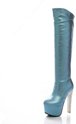 Donne Moda Stivali Ginocchio Heels, Stivali Alti con Tacco Grosso, Stivali Lunghi con Plateau con Tacco Alto E Punta Tonda da Donna, Stivali PU con Cerniera Laterale da Donna (Color : Blue, Size : 4