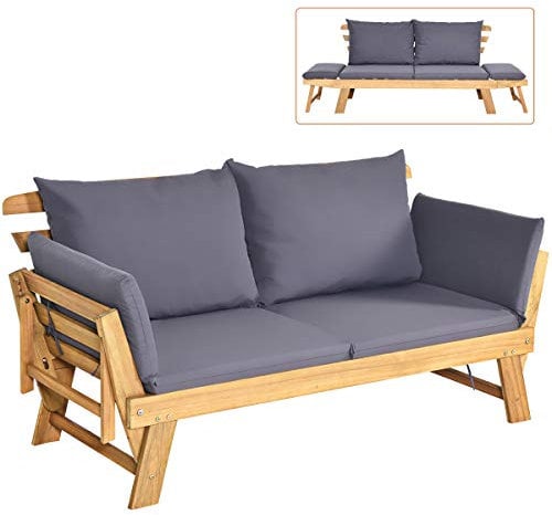 COSTWAY Divano Letto 2 Posti da Esterno in Legno di Acacia con Braccioli Regolabili, Sdraio da Giardino con Cuscini, Chaise longue Pieghevole per Giardino, Piscina, Cortile