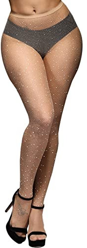WLLHYF Medias de red brillantes para mujer, de cintura alta, con diamantes de imitación, medias de malla con purpurina