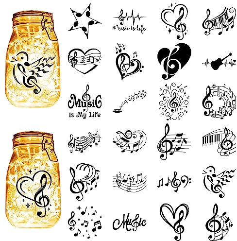 CREATCABIN 24 Stück Musiknoten-Einmachglas,Laterne,Laserausschnitte,Kunststoff,Scrapbook-Dekorationen Für Gläser,Wand,Fenster,Glas,Auto,DIY,Handwerk,Geschenke,Schwarz,10x9cm