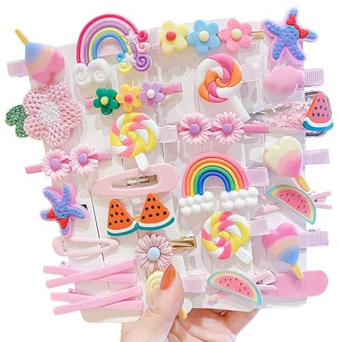 Lot De 28 Pinces à Cheveux Mignonnes Mode Filles Accessoires Pour Cheveux Fleur Fruits Coloré Arc-En-Ciel Bonbons Dessert Mignon Animal Pinces à Cheveux Ensemble Anti-Dérapant En Métal (Rose)