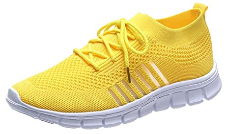 Routefuture Basket Femme Chaussures de Running pour Course Sports Fitness Legere Respirant Mesh Gym Outdoor Trail Walking Jogging Tennis Baskets Athlétique Sneakers,Jaune,EU 40