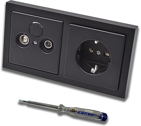 Busch Jäger SET: 2-Loch Durchgangsdose, Frequenzbereich 5-2400 MHz, Radio/TV/SAT-Kompatibilität inkl Future Linear Schwarz MATT Rahmen + Steckdose 20EUC-885 + EBROM Phasenprüfer zur Montage d. Geräte
