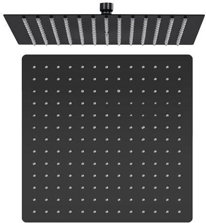 VALAZ Rociador de ducha 20cm acero inoxidable SUS304 cuadrado negro mate estándar G1/2 inclinable efecto lluvia tetinas de silicona fácil limpieza antical alta y baja presión cabezal