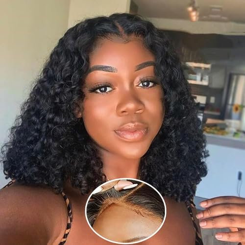 Perruque Femme Naturelle Pre Cut Lace Bob 4x4 Perruque Sans Colle Pré-cut Cheveux Humains Pre Plucked Deep Curly Bob Perruques 8 Pouces Wear and Go Glueless Lace Bob Wig