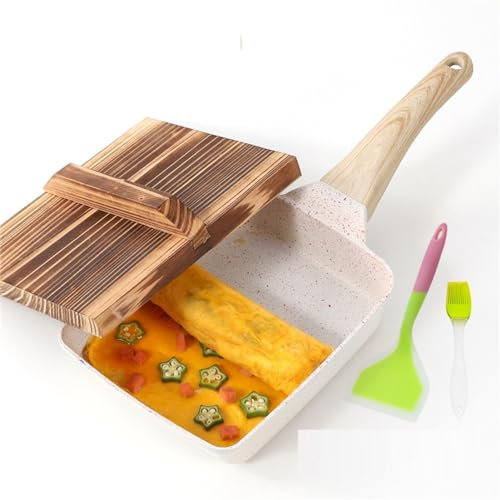 lodnexem 2024 Nuevo Sartén Japonesa para Tortillas,Tamagoyaki Sarten, Revestimiento Antiadherente Rectangular Sartén, con Espátula de Silicona y Cepillo y Cubierta de Madera,Blanco