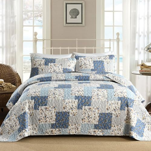 Mybedsoul Hellblaues Steppdecken-Set für King-Size-Bett, 3-teilig, Boho-Plaid, Blumenmuster, Mikrofaser, leicht, Bohemian-Bettwäsche, Tagesdecke, Decken-Set für alle Jahreszeiten, 228,6 x 264,2 cm