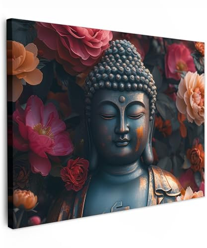 MuchoWow© Wandbilder 80x60 cm Schlafzimmer Home Deko Wohnung Bild Wohnzimmer Fotoleinwand Wand Bilder Leinwand Wall Decor Buddha - Blumen - Statue - Kunst