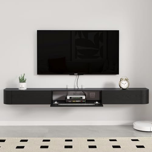 Pmnianhua Bois Massif Meuble TV Suspendu, Etagere TV Murale, Meuble TV Suspendu avec 2 Tiroirs et 1 Portes en Verre, Murale Flottante TV Meuble Etagere TV Support, Meuble TV Flottant (160cm/Noir)