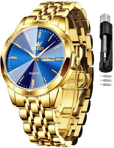 OLEVS Herrenuhr Luxus Business Dress Uhr UK Diamant Design Quarz Edelstahl Wasserdicht Leuchtende Woche Kalender Geschenk, 3615: Gold und Blau, Klassisch