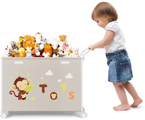 BBLIKE Scatola di Giocattoli con Ruote - Porta Giochi Bambini Contenitori con Coperchio, Grande Portaoggetti Bambini Contenitore per Giocattoli, Vestiti, Libri (Beige)