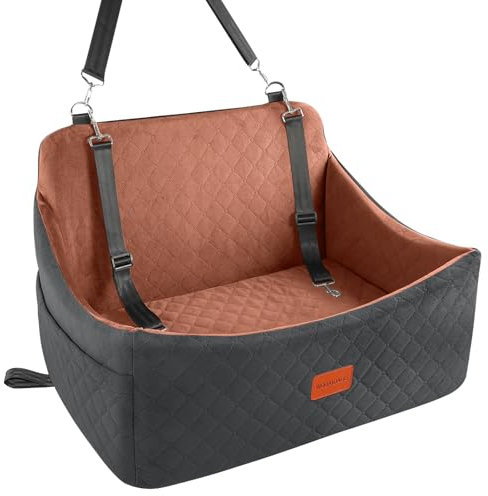 Wooaidagg Dog Car Seat for Medium Sized Dog Up to 55lbs,Super Soft Fabic Pet Car Seat Filling in Memory Foam, Car Dog Bed with Safety Belt Loops,Fully Detachable and Washable (Black/Brown,Large)