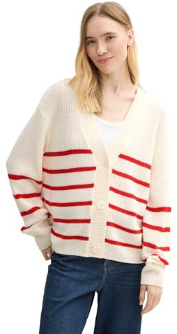 TOM TAILOR Denim Damen 1043311 Basic Strickjacke mit Knöpfen, 37390-Placed White Red Stripe, XL