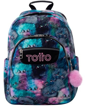 TOTTO - Mochila Escolar Adaptable a Carro, Modelo Acuareles, Capacidad 20 L, Bolsillo Pc 14, Bolsillos Botella, Espaldar Ergonómico con Flujo de Aire, Cómodas Correas en S, Estampado Kitten Gris
