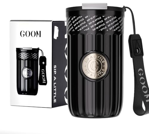 GOOM The Emblem – Gobelet étanche de 500 ml avec couvercle et paille, gobelet en acier inoxydable 18/10, gobelet à café isotherme à 7 couches pour les boissons chaudes et froides, gobelet à rabat avec