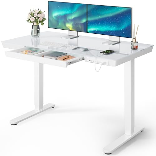 Marsail Escritorio de pie de cristal con cajones, escritorio eléctrico de pie de 48 x 24 pulgadas, escritorio de altura ajustable con mesa de una sola pieza y puertos de carga USB, escritorio de pie
