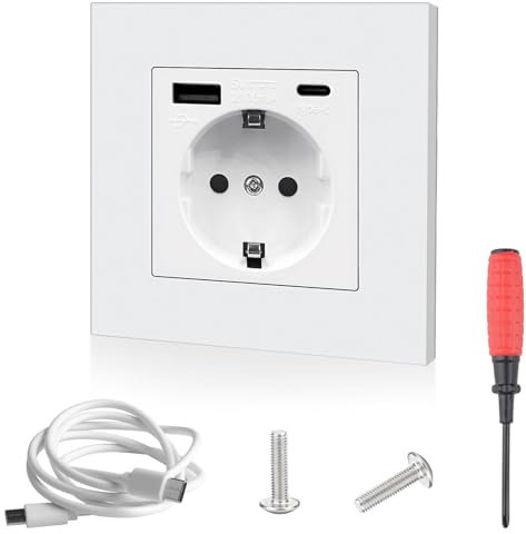 LbsAMP Socket with USB & Type C, White, 220-250V/16A (USB 5V 2.1A) Flush-Mounted, 1-Gang - 86 x 86 mm