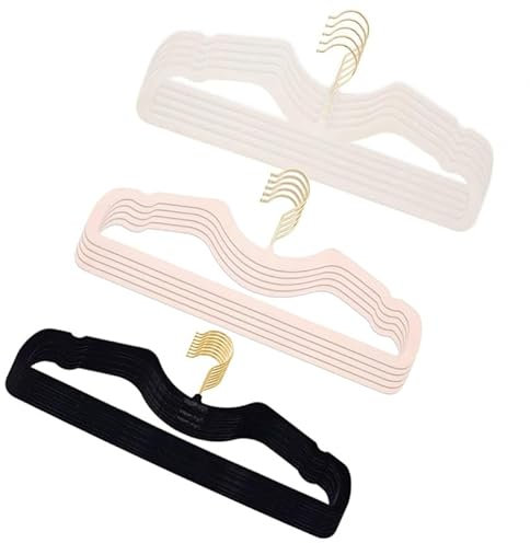 Lot de 15 cintres en velours de qualité supérieure - Design peu encombrant - Pivotant à 360 ° - Ivoire, rose et noir avec crochets dorés - Protection optimale pour vos vêtements.