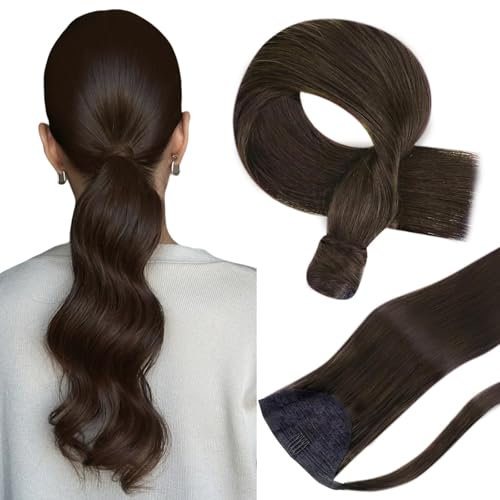 Hetto Ponytail Extension Echthaar Braun Zopf Extension Echthaar mit Clip Dunkelstes Braun Gerade Remy Vollkopf Natürliche Invisible Haarverlängerung 70g 30 cm #2