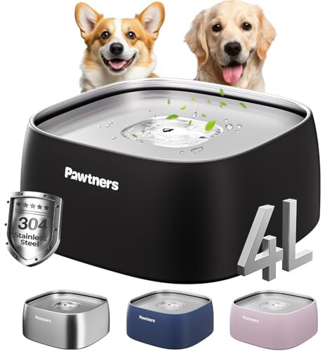 Dog Water Bowl No Spill, 4L Stainless Steel Slow Water Bowl for Dogs with Non-Slip Base, Spill Proof for Medium Large Messy Drinkers, Slow Drinking, Slobber Stopper, No Mess, Black