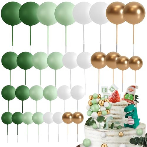 32Pcs Balloon Cake Topper Set - Mini Green and Gold Ball Decorations for Wedding Birthday Decorating