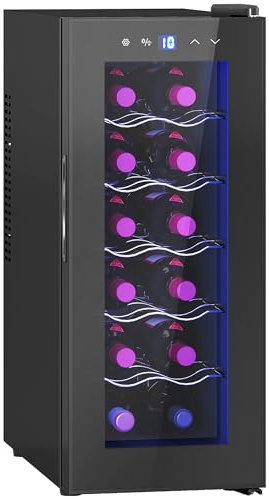 HOMCOM Cantinetta Vino Refrigerata 12 Bottiglie 34L Cantina Vino Monotemperatura 8-18℃ Cantina Vino Bar con Vetro Anti UV, Termoelettrico, Ripiani Regolabile, Display Touch, Luci LED, Classe E, Nero