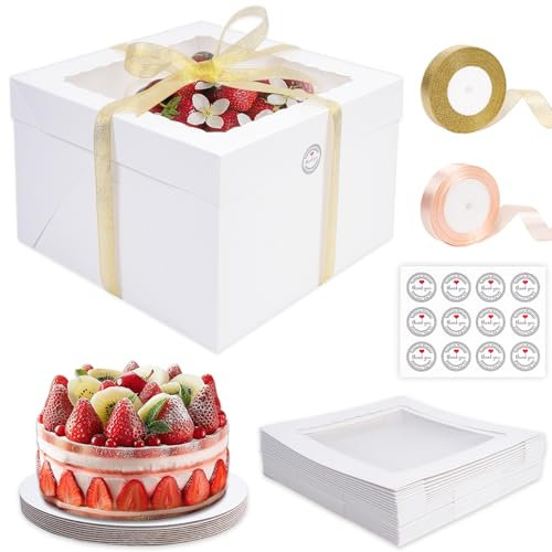 KOMABLEN Scatola per Torta 30,5x30,5x20,3cm, 10 Pezzi Bianche Scatole per Dolci in Cartone, Scatole per Torte con Finestra Vassoi, Porta Torta Cartone con Adesivi e Nastro per L'imballaggio Dessert