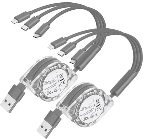 2 cavi di ricarica multiplo 3 in 1, cavo di ricarica retrattile 3 in 1, da USB C a USB C/Lightning/Micro USB, cavo di ricarica per telefono, caricabatterie retrattile compatibile per iPhone Huawei