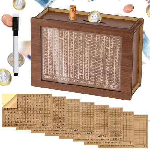 Alyvisun Spardose Holz mit Marker Aufklebern, Sparbüchse mit Zähler 5000€ Wiederverwendbare Geldkassette Holzspardose mit Sparziel zum Ankreuzen Sparbox Geldsparbox Cash Box €500-€10000 Ziel