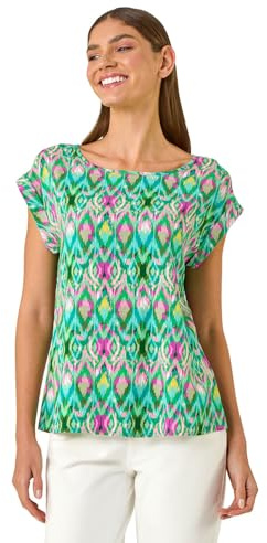 Roman Originals T-Shirt for Women UK - Ladies Tee Shirt Summer Top Holiday Day Causal Short Sleeve Blouses Round Crew Boat Neck Lightweight - Abstract Green - Size 10