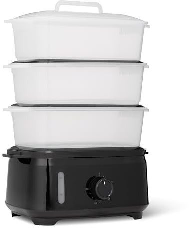 Amazon Basics Electric Food Steamer for Cooking Vegetables, 3-Tier Design, 60-Minute Timer with Auto Shutoff, Easy Water Refill System, BPA-Free, 9.5 QT, Black